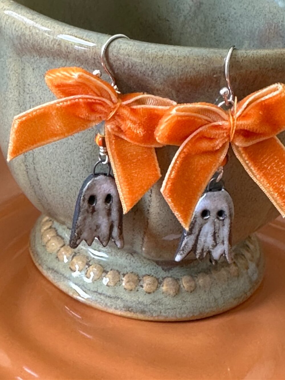 NEW Handmade Ghost Earrings-Sterling Silver, Velvet & Ceramic-Orange & Cream